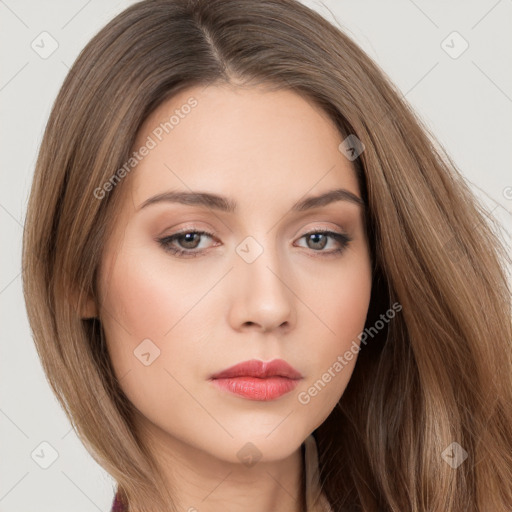 Neutral white young-adult female with long  brown hair and brown eyes