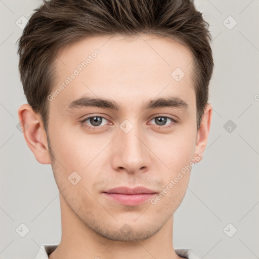 Neutral white young-adult male with short  brown hair and grey eyes