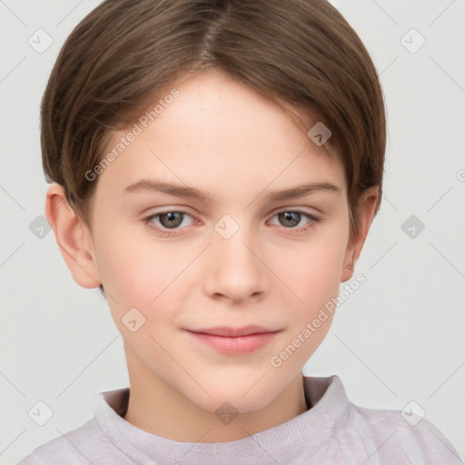 Joyful white child female with short  brown hair and brown eyes