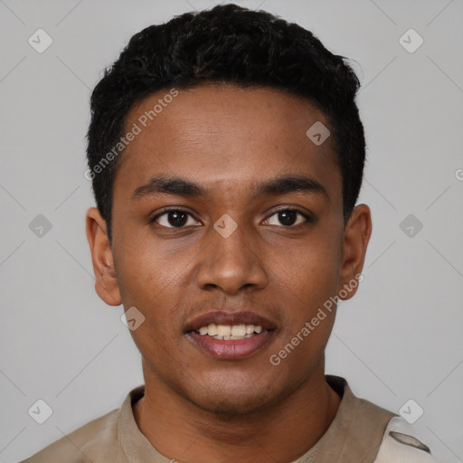 Neutral black young-adult male with short  black hair and brown eyes