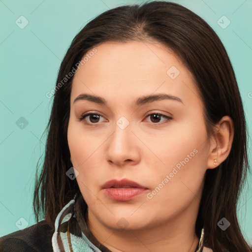 Neutral white young-adult female with long  brown hair and brown eyes