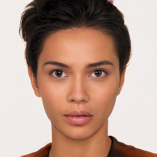 Neutral white young-adult female with short  brown hair and brown eyes