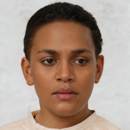 Neutral black young-adult female with short  brown hair and brown eyes