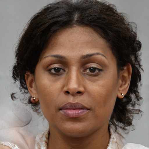 Joyful black adult female with medium  brown hair and brown eyes