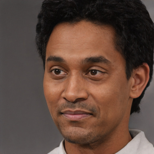 Joyful latino adult male with short  black hair and brown eyes