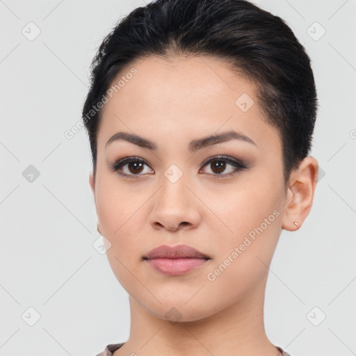 Neutral white young-adult female with short  brown hair and brown eyes