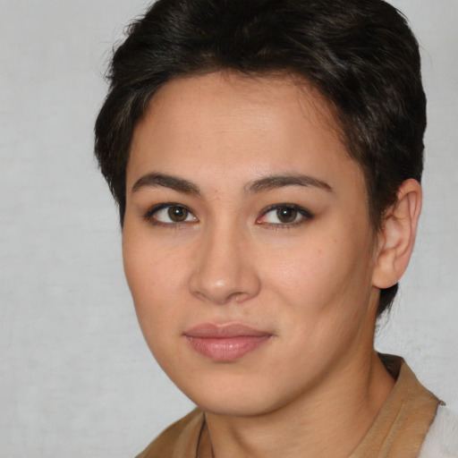Neutral white young-adult female with short  brown hair and brown eyes