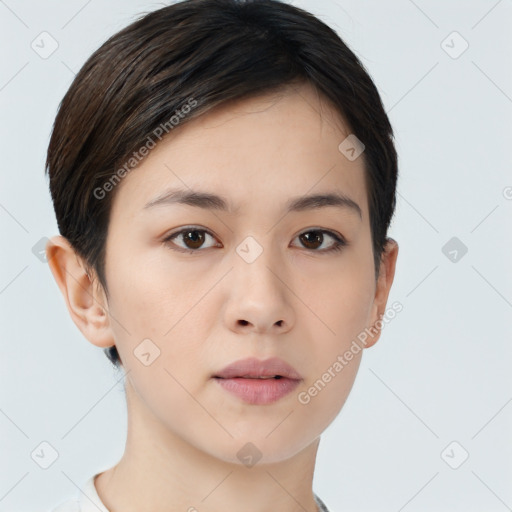 Neutral white young-adult female with short  brown hair and brown eyes