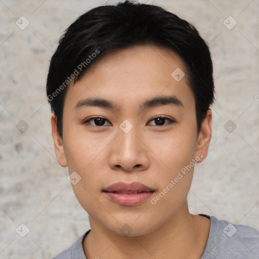 Joyful asian young-adult female with short  black hair and brown eyes