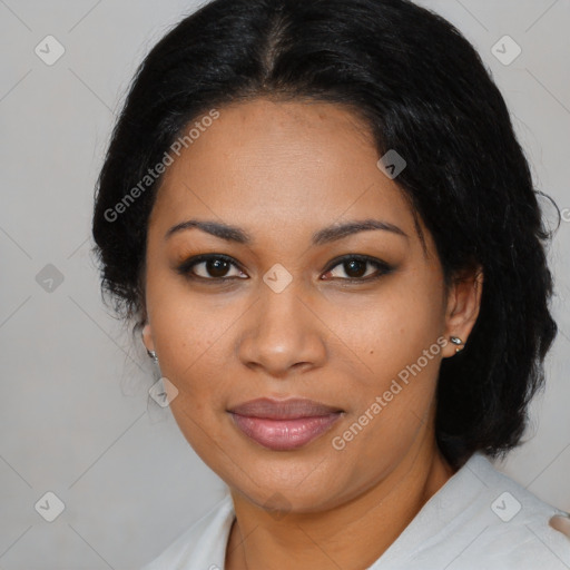 Joyful latino young-adult female with medium  black hair and brown eyes