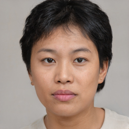 Neutral asian young-adult female with short  brown hair and brown eyes