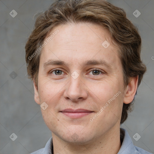 Joyful white adult female with short  brown hair and grey eyes