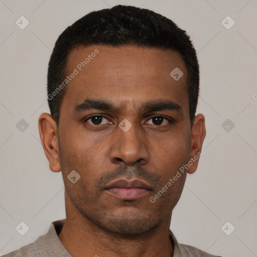 Neutral latino young-adult male with short  black hair and brown eyes