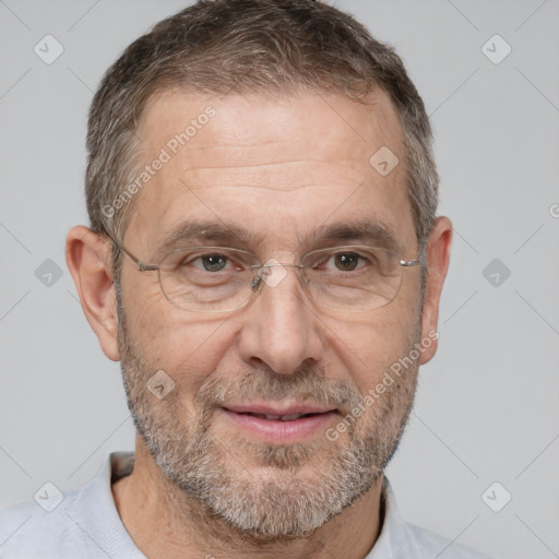 Joyful white middle-aged male with short  brown hair and brown eyes