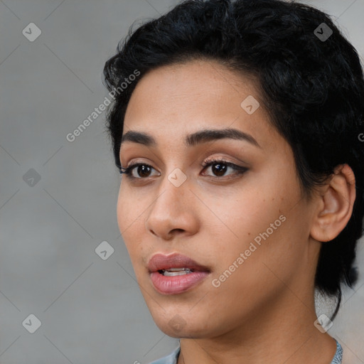 Neutral latino young-adult female with short  black hair and brown eyes