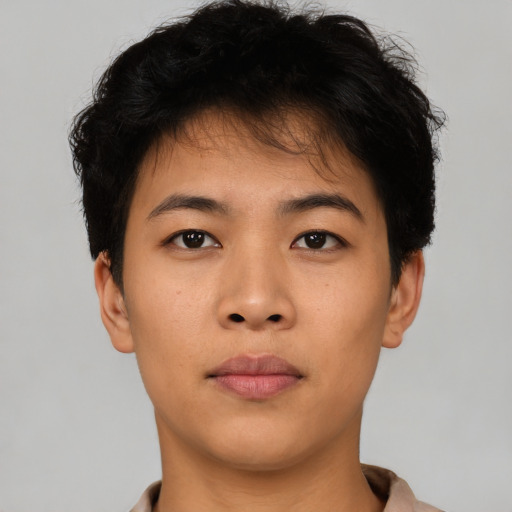 Neutral asian young-adult female with short  brown hair and brown eyes