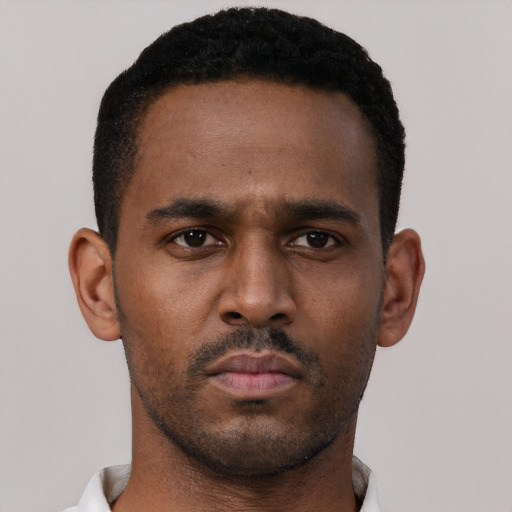 Neutral black young-adult male with short  black hair and brown eyes