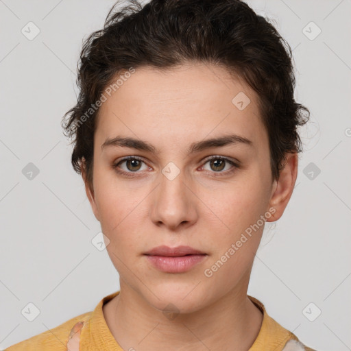 Neutral white young-adult female with short  brown hair and brown eyes