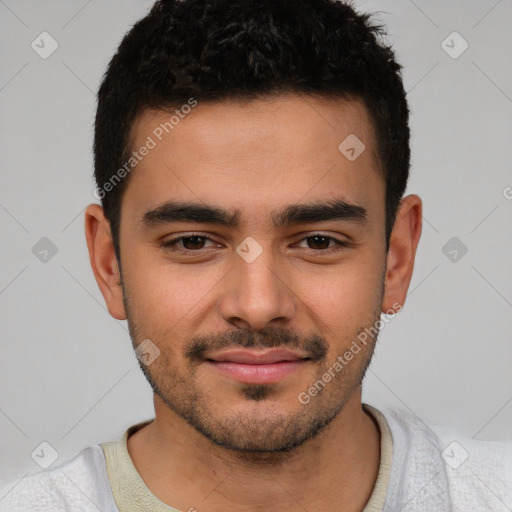 Neutral latino young-adult male with short  brown hair and brown eyes