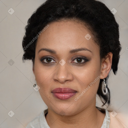 Joyful latino young-adult female with medium  brown hair and brown eyes