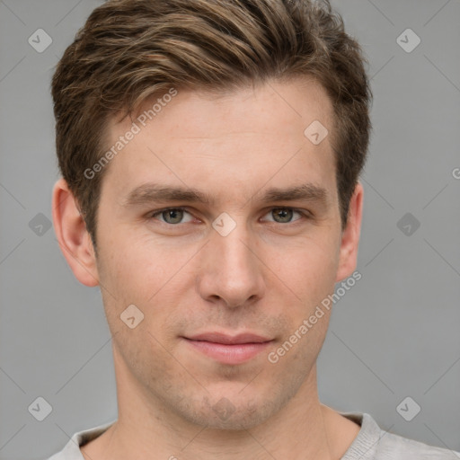 Neutral white young-adult male with short  brown hair and grey eyes