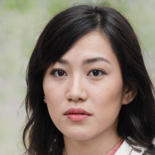 Neutral asian young-adult female with medium  black hair and brown eyes