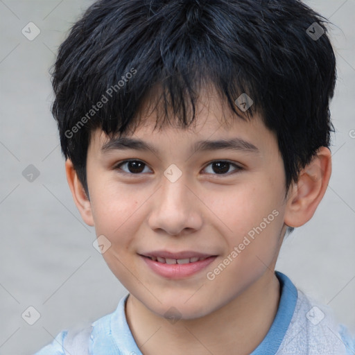 Joyful white child male with short  brown hair and brown eyes