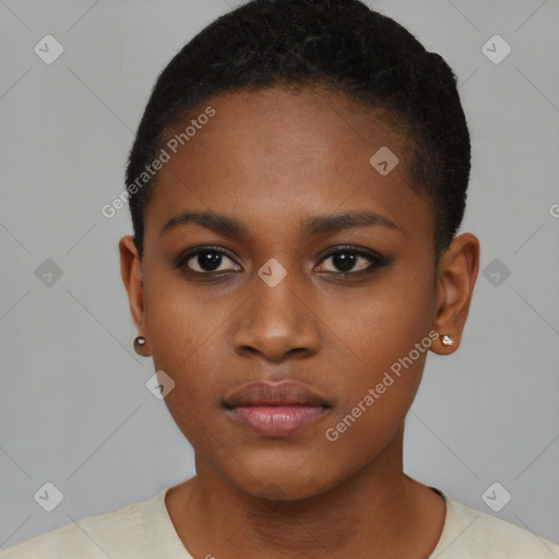 Neutral black young-adult female with short  brown hair and brown eyes