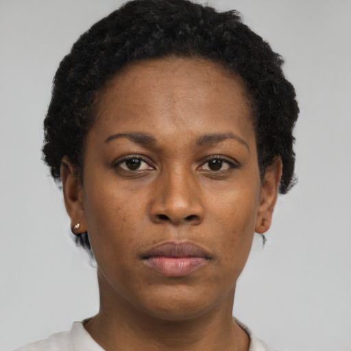 Neutral black young-adult female with short  brown hair and brown eyes