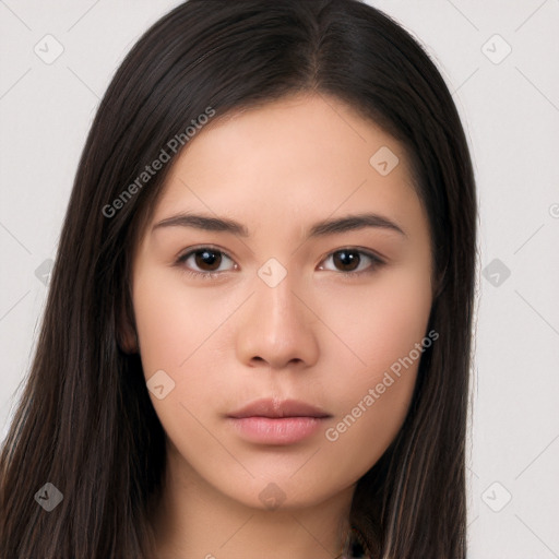 Neutral white young-adult female with long  brown hair and brown eyes