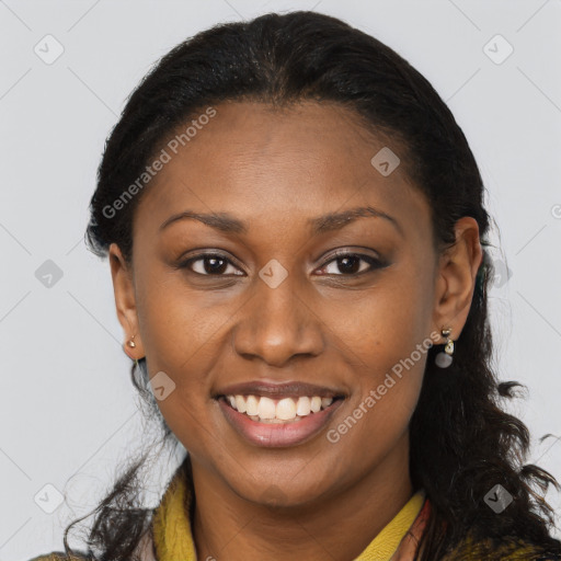 Joyful latino young-adult female with long  brown hair and brown eyes