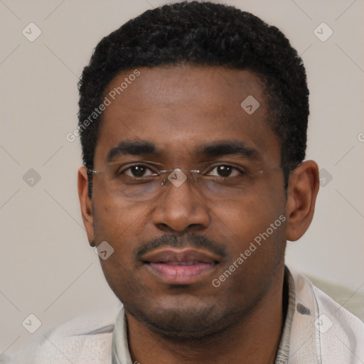 Neutral black young-adult male with short  black hair and brown eyes