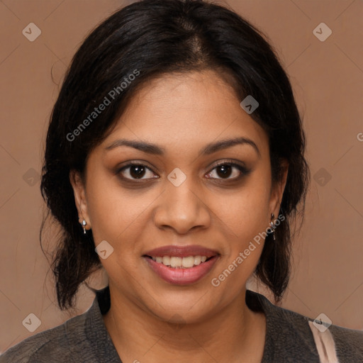 Joyful latino young-adult female with medium  brown hair and brown eyes