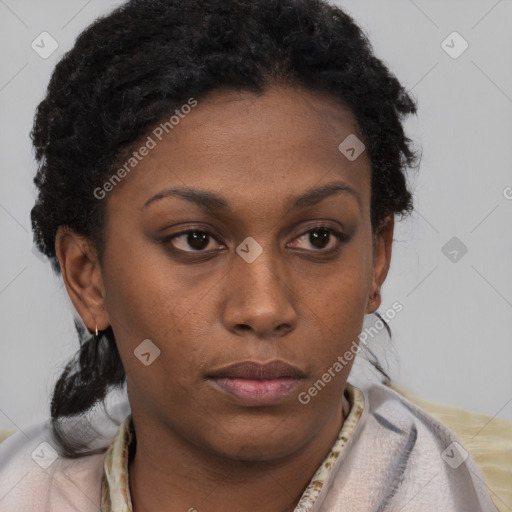 Neutral black young-adult female with short  brown hair and brown eyes