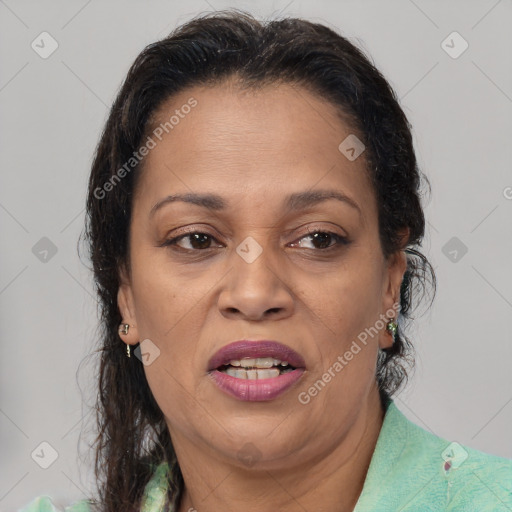 Joyful white adult female with medium  brown hair and brown eyes