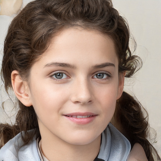 Joyful white child female with medium  brown hair and brown eyes