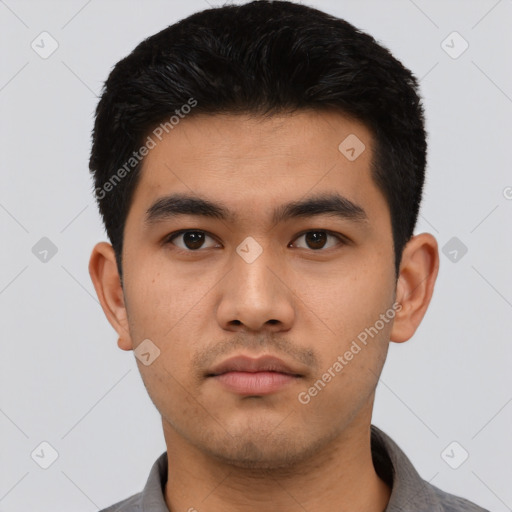 Neutral asian young-adult male with short  black hair and brown eyes