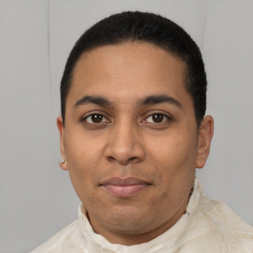 Neutral latino young-adult male with short  black hair and brown eyes