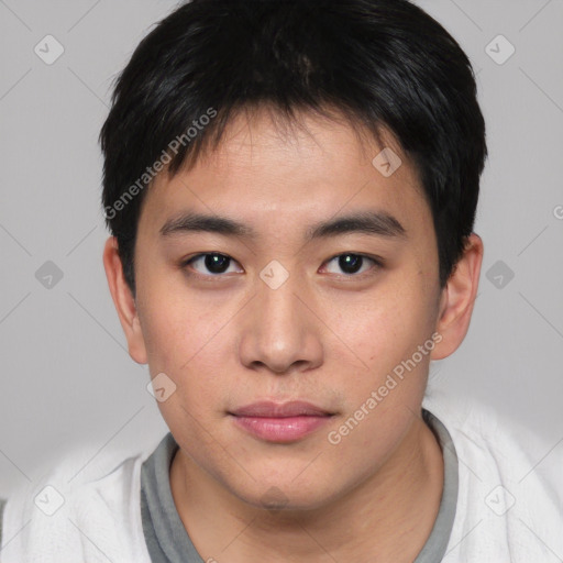 Neutral asian young-adult male with short  black hair and brown eyes