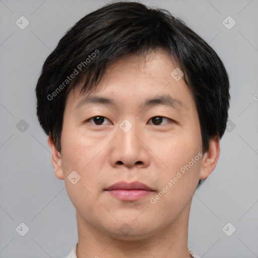 Neutral asian young-adult male with short  brown hair and brown eyes