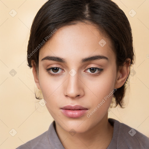 Neutral white young-adult female with long  brown hair and brown eyes