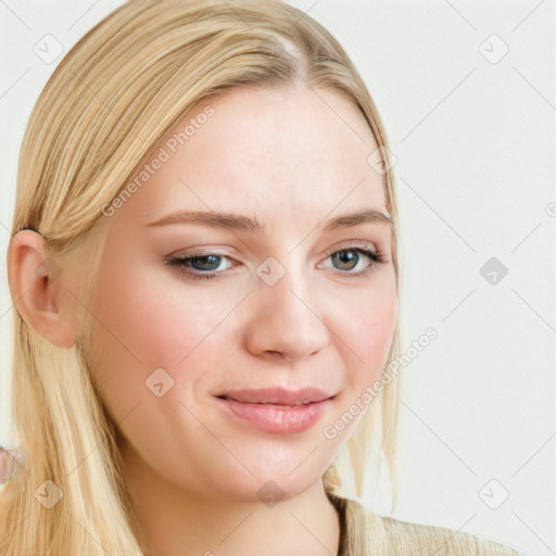 Joyful white young-adult female with long  brown hair and blue eyes