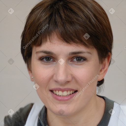 Joyful white young-adult female with medium  brown hair and brown eyes