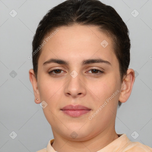 Joyful white young-adult female with short  brown hair and brown eyes