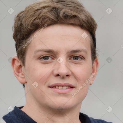 Joyful white young-adult female with short  brown hair and grey eyes