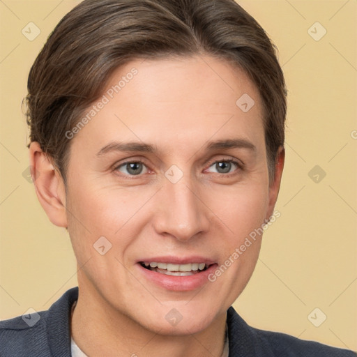 Joyful white young-adult female with short  brown hair and grey eyes