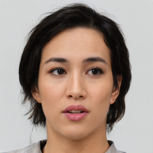 Neutral asian young-adult female with medium  black hair and brown eyes