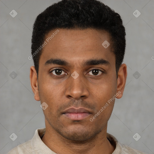 Neutral latino young-adult male with short  black hair and brown eyes