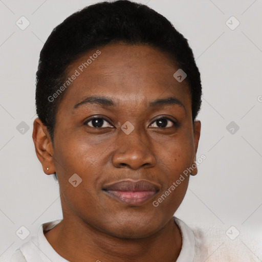 Joyful black adult female with short  brown hair and brown eyes