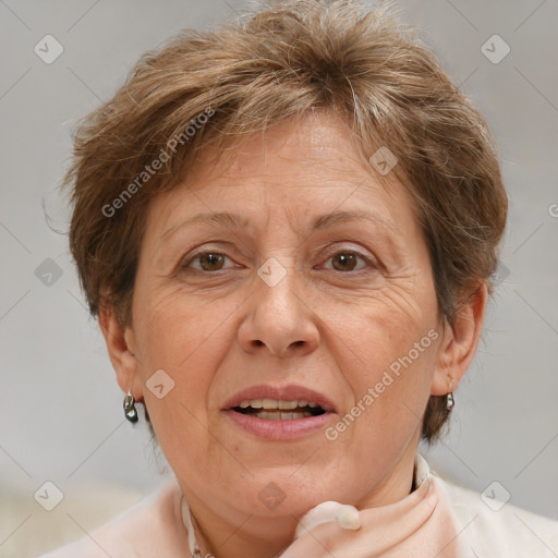 Joyful white middle-aged female with short  brown hair and brown eyes